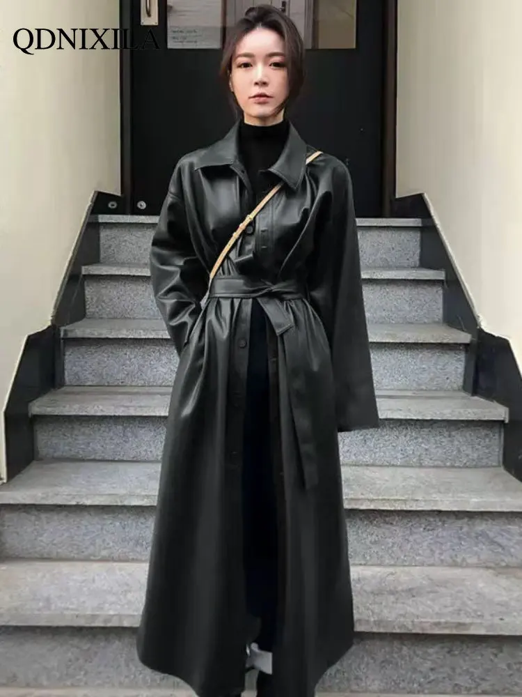 Super Handsome PU Woman Trench Coat Spring and Autumn New In Outerwears Korean Leather Jacket Over-the-knee Long Coat Women