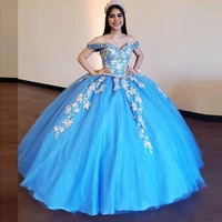 sky blue lace quinceanera dresses for sweet 15 year ball gown sexy off the shoulder puffy princess appliques prom party dress
