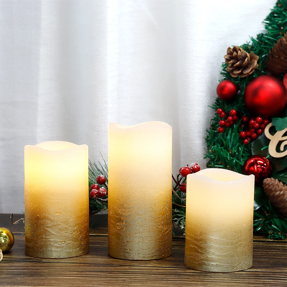 

3Pcs Gold Real Wax Battery Powered Candle Wave Edge Flameless Candles Flashing Electric Candles with 6-Hour Timer for Home Decor