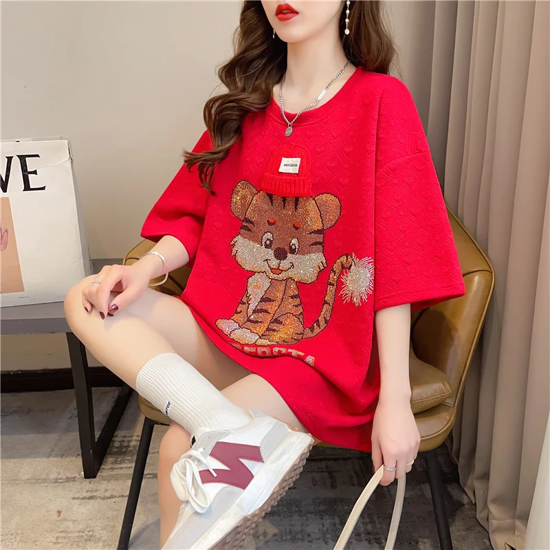 

#4276 White Red Short Sleeve T Shirt Women Patchwork Cartoon Cat Womens Tshirt Diamonds Mid-length T-shirt Femme Loose Summer