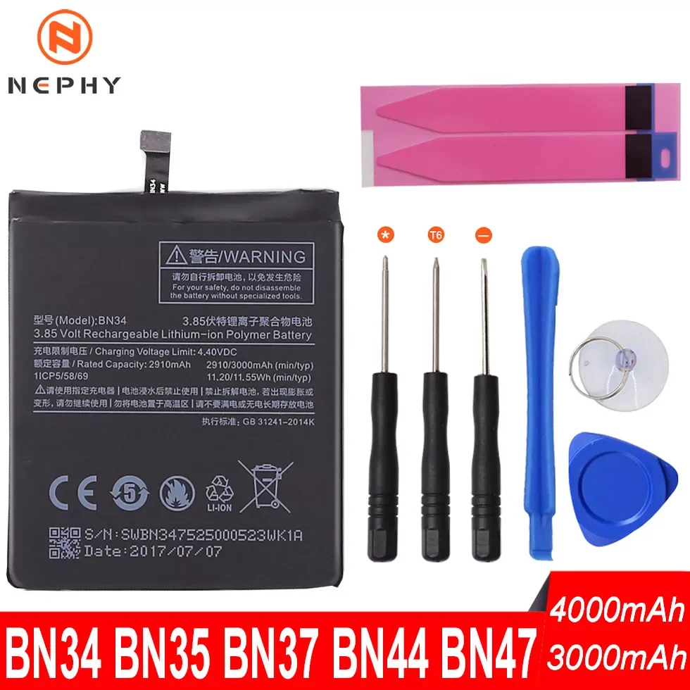 

2023New Nephy Phone Battery BN34 BN35 BN37 BN44 BN47 For Xiaomi Mi A2 Lite Redmi 5 5A Plus 6 Pro 6A Mobile Phone Replacement Fre