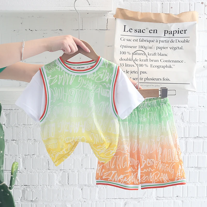 

New Children Clothes Sets Baby Boys Ice Silk Gradient Clothing Sets Summer Soft Cool T-shirt+Shorts 2pcs Suits Kids Tracksuit