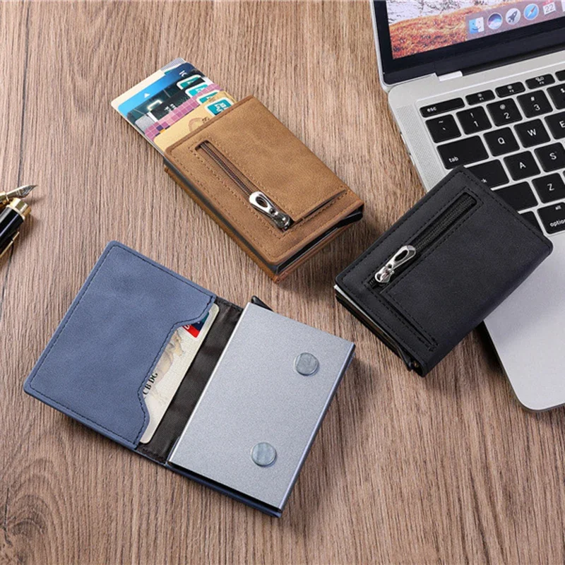 Фото Новое поступление, мужской RFID-кошелек, противоугонная алюминиевая коробка, держатель для карт, чехол для всплывающего карты из искусственной кожи, черный, коричневый, синий, магнитный кошелек для монет №4