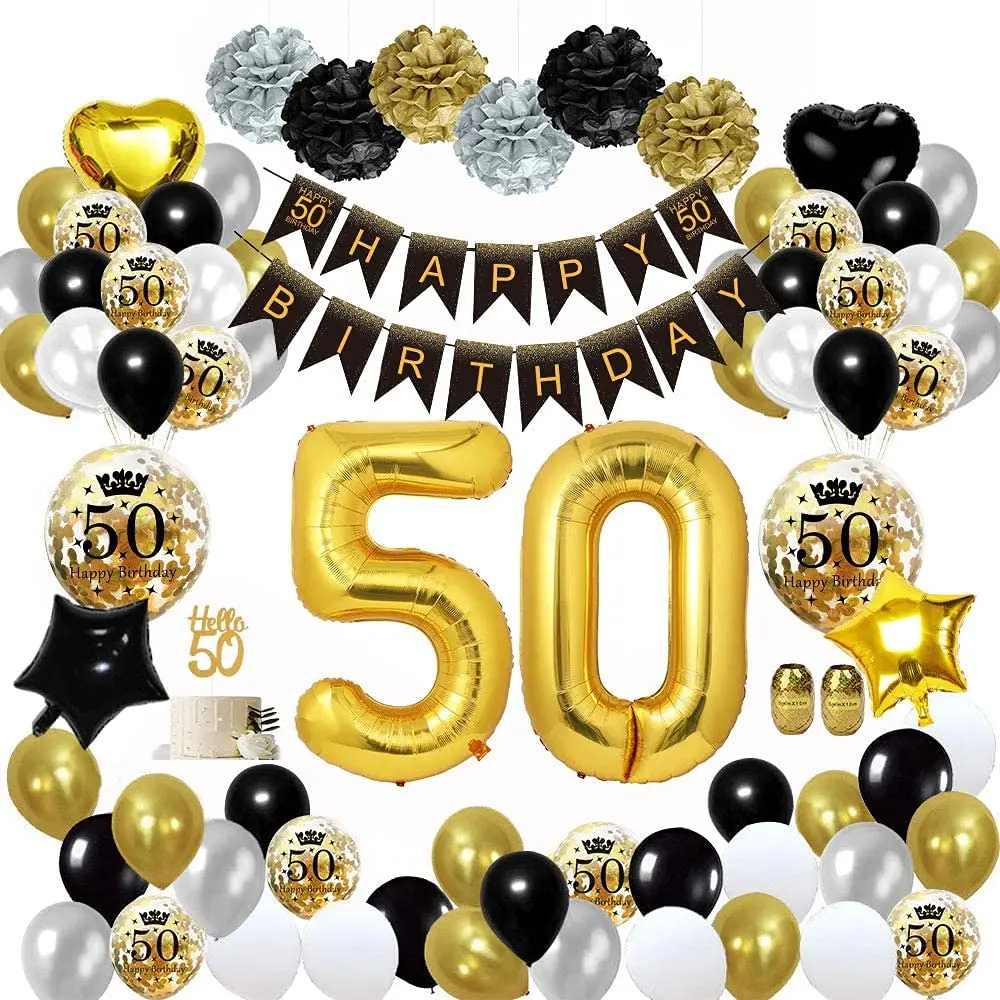 

50th Birthday Decorations for Men Women Black Gold 50 Birthday Balloon Garland Arch Happy 50th Birthday Banner Paper Pom Poms