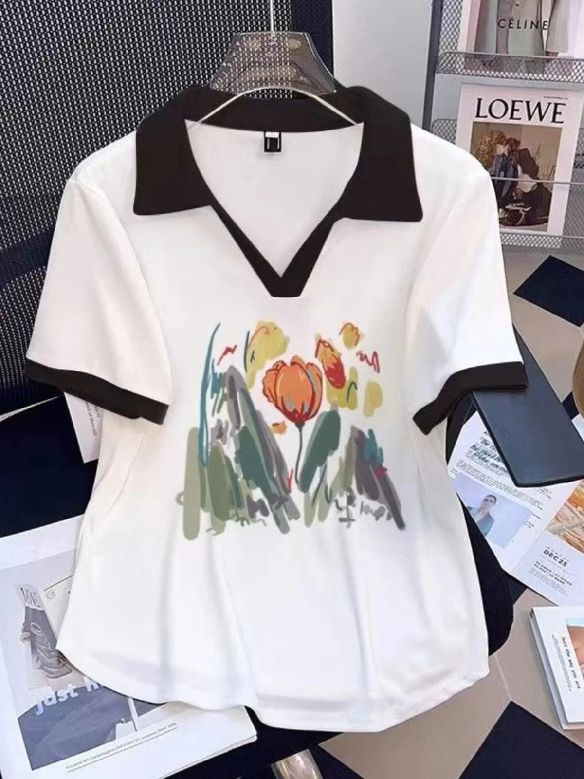 Fat Girl 50.00kg Plus size Contrast Color V-neck Short sleeve T-shirt Women Summer Loose Age Reducing Patchwork Polo Shirt H...