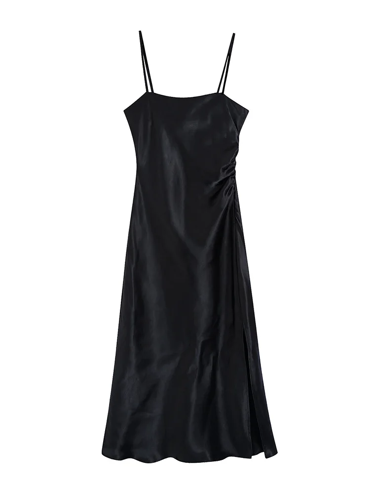 

Satin Slip Dress Women Summer Sleeveless Spaghetti Strap Elegant Black Midi Dress Gathered Side Slit Sexy Evening Party Dresses