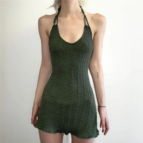 Женское винтажное мини-платье со складками, с открытой спиной и лямкой на шее