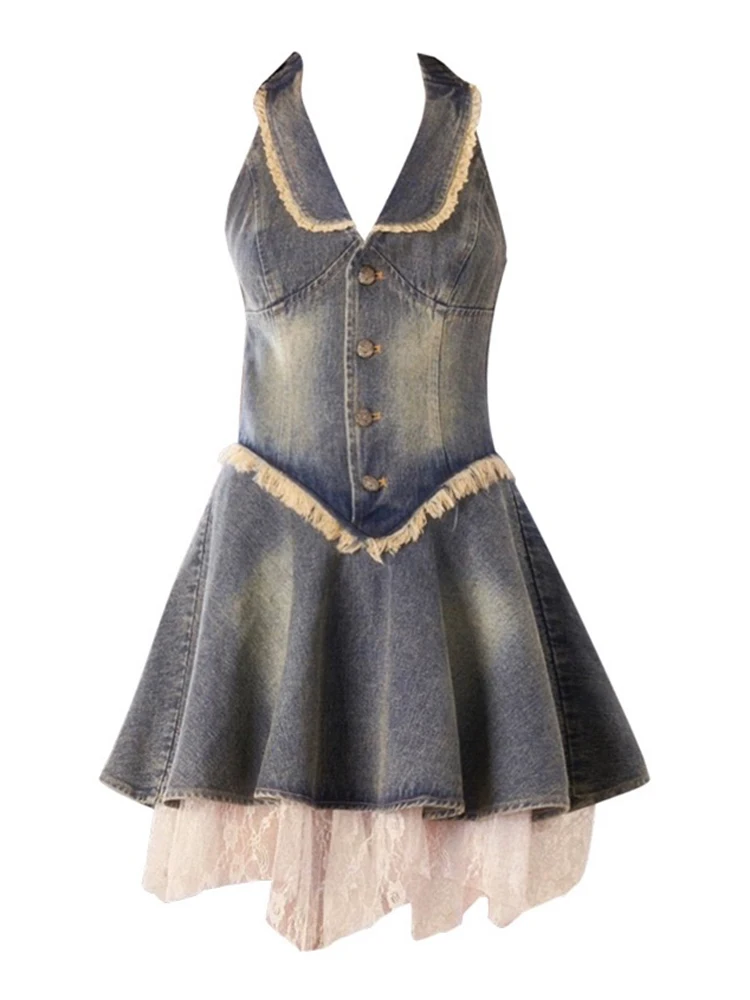 

Женское джинсовое платье с отложным воротником, плиссированное кружевное платье-трапеция в американском ретро-стиле Gyaru, коллекция Лето 2023