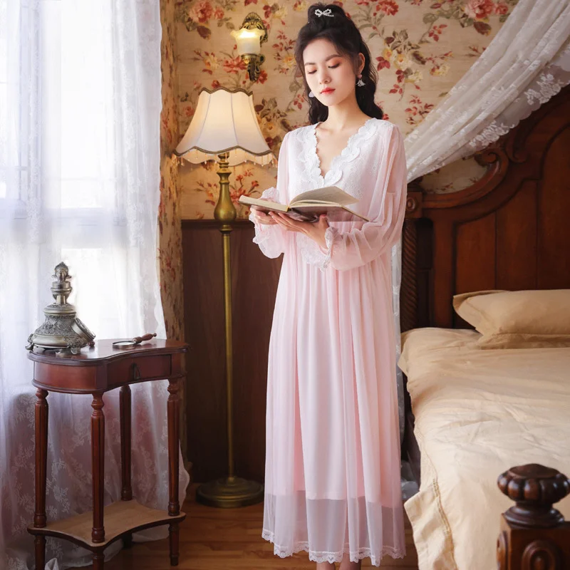 Long Sleeve Nightdress Lady Spring Court Wind Princess Lace Mesh Style Wear Modal Pajamas