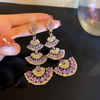vintage baroque style geometric fan drop earrings women pink rhinestone crystal dangle earrings banquet jewelry accessories