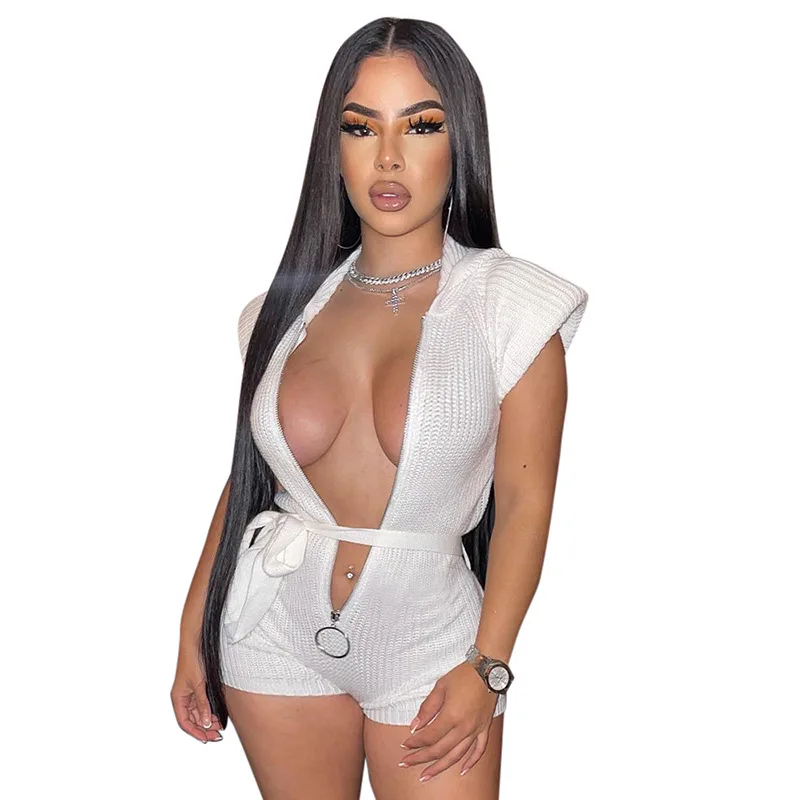 European And American Women's 2023 Summer New Tight Zippered Hooded Short Sleeved Belt Jumpsuit Shorts