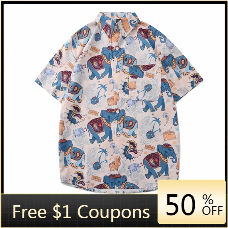 

2021 Summer New Thai Brand Elephant Retro Clan Style Short-sleeved Shirt Men and Women Vacation Hawaii Beach Shirt Man Shirt