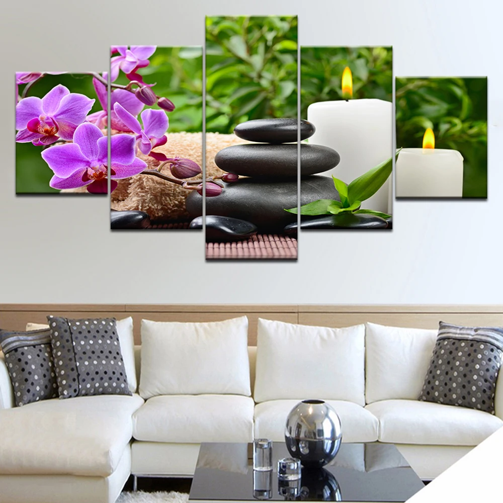 

5 Pieces Vintage Zen Stone Orchid Wall Art Canvas Painting Thai Spa Bamboo Posters and Prints for Living Room Home Decor Cuadros