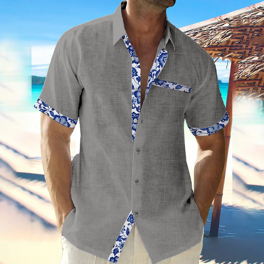 2023 Summer Fashion Men's Hawaiian Linen Shirt Men's Casual Lace Printed Beach Pocket Short Sleeve Plus Size Button Down Tee Top