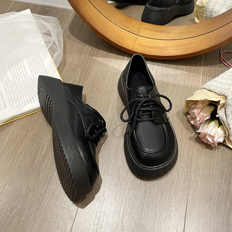 

Женские демисезонные туфли в британском стиле, черные тонкие туфли мэри джейн на толстой подошве с юбкой на плоской подошве, новинка 2022
