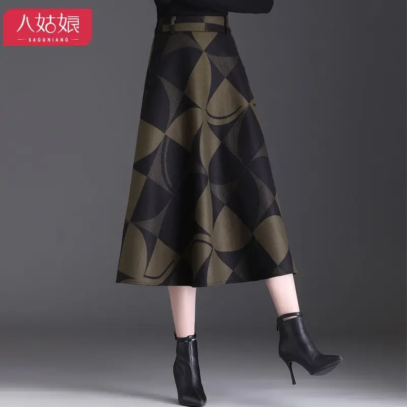 Женская шерстяная тканевая юбка трапециевидной формы с принтом