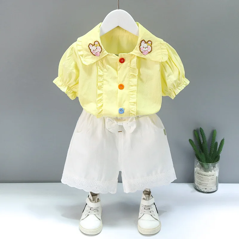 

2022 Summer Toddler Girl Lovely Sweet Clothes Sets Baby Puff Sleeve Lace T-shirt+Bow Shorts Fashion Outfits Kids Cotton Clothing
