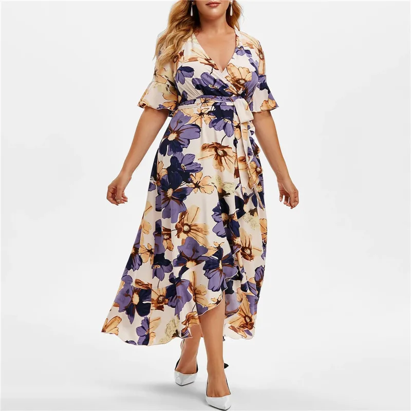 

Plus Size Women Dress Bohemia Floral Casual A-Line Dress Summer Short Sleeve Loose Lace Up Irregular Maxi Dress Lady Vestidos
