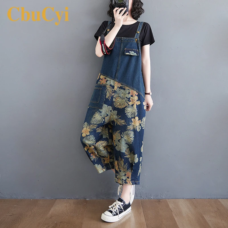 

Spring Women Casual Jeans Jumpsuits Plus Size Loose Wide Leg Mom Jeans Rompers Womens Jumpsuit Floral Print Denim Overalls 2021