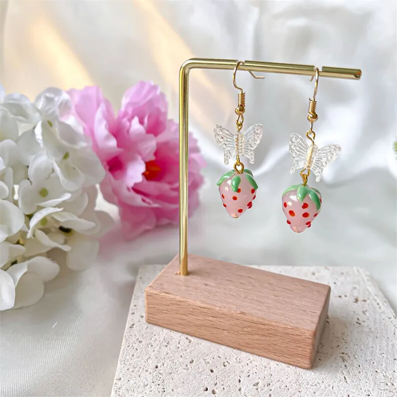 

Cute Pink Strawberry Drop Dangle Earrings with butterfly, cottagecore earrings gift, unique fairycore hoop earrings, gift for he