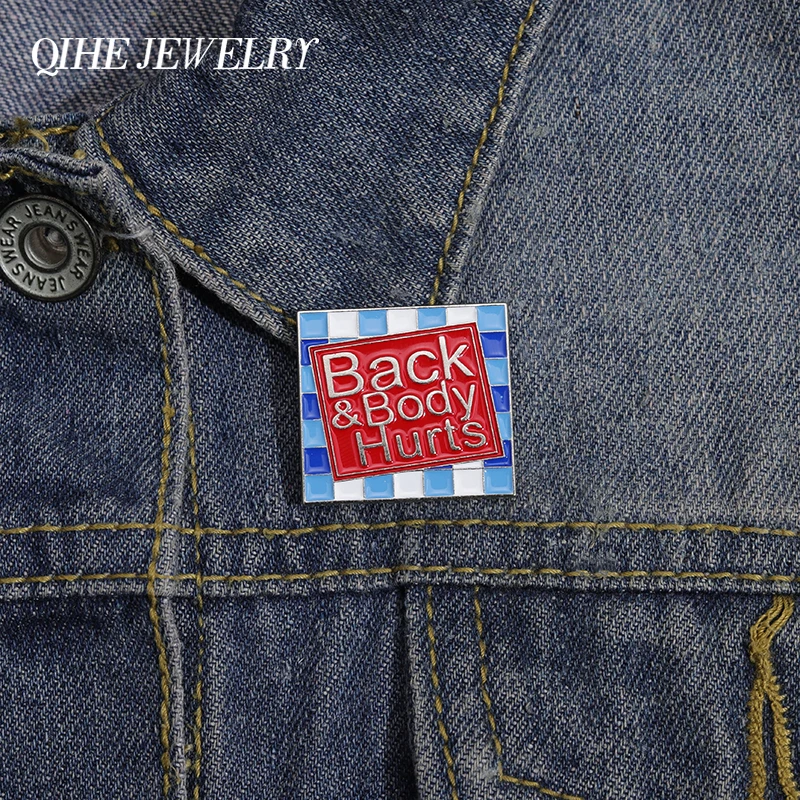 

Back Body Hurts Enamel Pin Brooch Square Metal Backpack Hat Women Funny Creative Badge Jewelry Gift Custom Accessories Wholesale