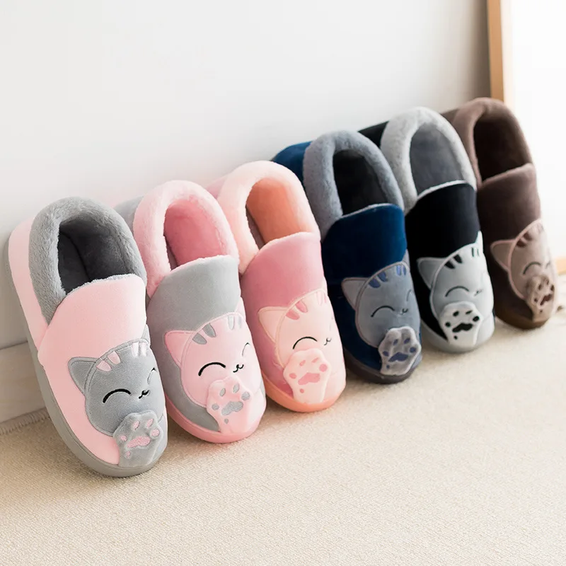 Фото Зимние теплые тапочки, женские домашние тапочки с нечетким котом, мультяшным мехом, плюшевые домашние женские термопушистые домашние туфли, забавные плоские шлепанцы №2
