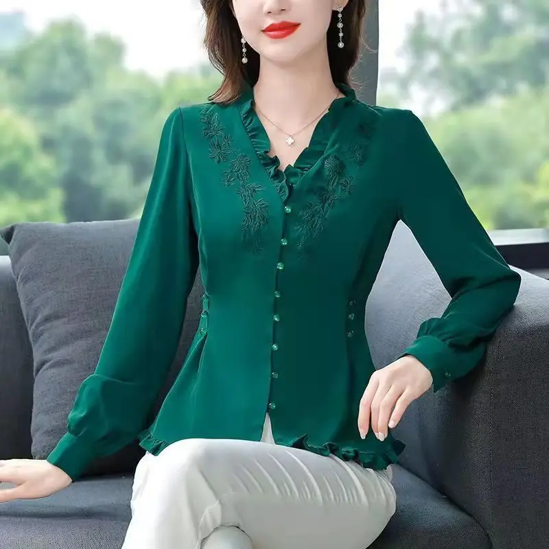 Повседневная приталенная рубашка с V-образным вырезом винтажная однотонная