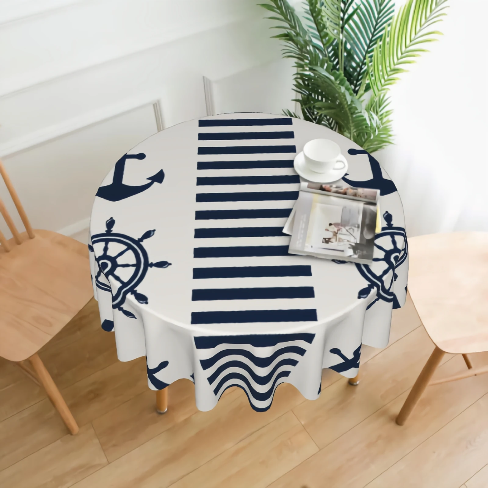 

Nautical Steering Wheels And Anchors Tablecloth 60 inch Sea Anchors Wheels On Stripe Background Washable Polyester Table Cloth