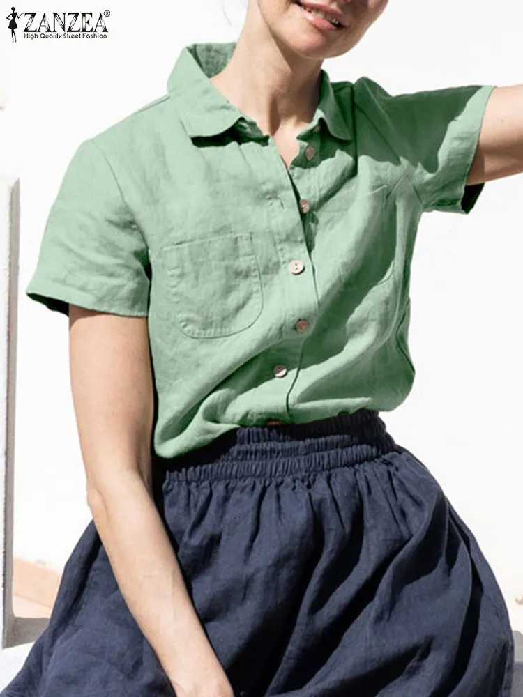 

Блузка ZANZEA Женская однотонная, элегантный топ, рубашка с коротким рукавом, Повседневная Туника с лацканами и карманами, большие размеры, на ...