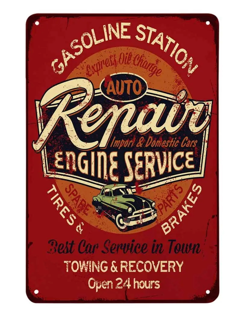 

Auto Repair Engine Service Tin Sign,Gasoline Station Tires Brakes Open 24 Hours Vintage Metal Tin Signs for Cafes Bars