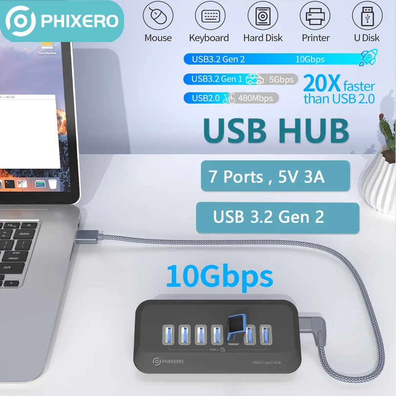 

PHIXERO 10Gbps USB 3.2 Hub Splitter Type C Switch Dock Station Multiprise USB 7 Ports Plug SD Card Reader for Surface Macbook PC