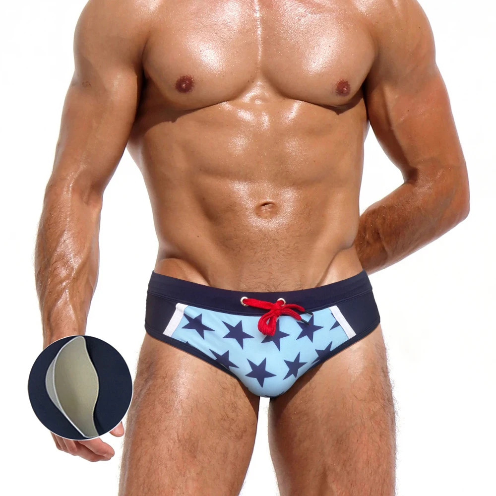 

New Men With Push Pad Print Stitching Swimming Trunks Bikini European American Fashion Low Waist Swimwear Summer Beach Surfing