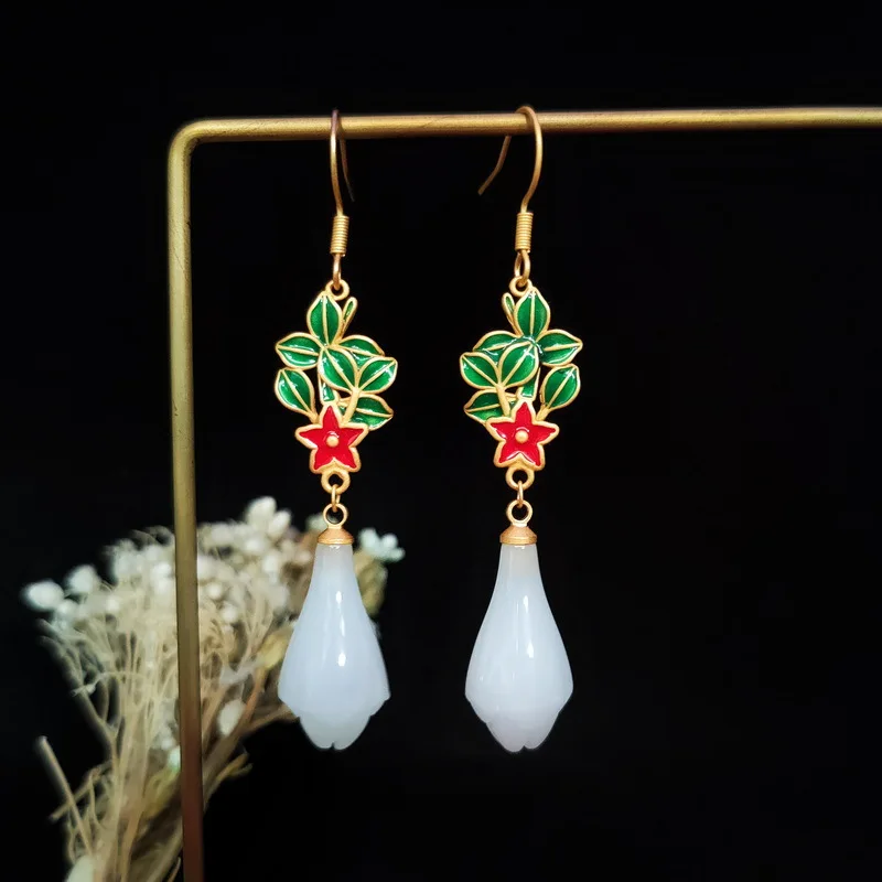 

Noble Palace Style Earrings Ethnic Style Jewelry Ancient Enamel Gold Earrings White Magnolia Hotan Jade Jade Earrings