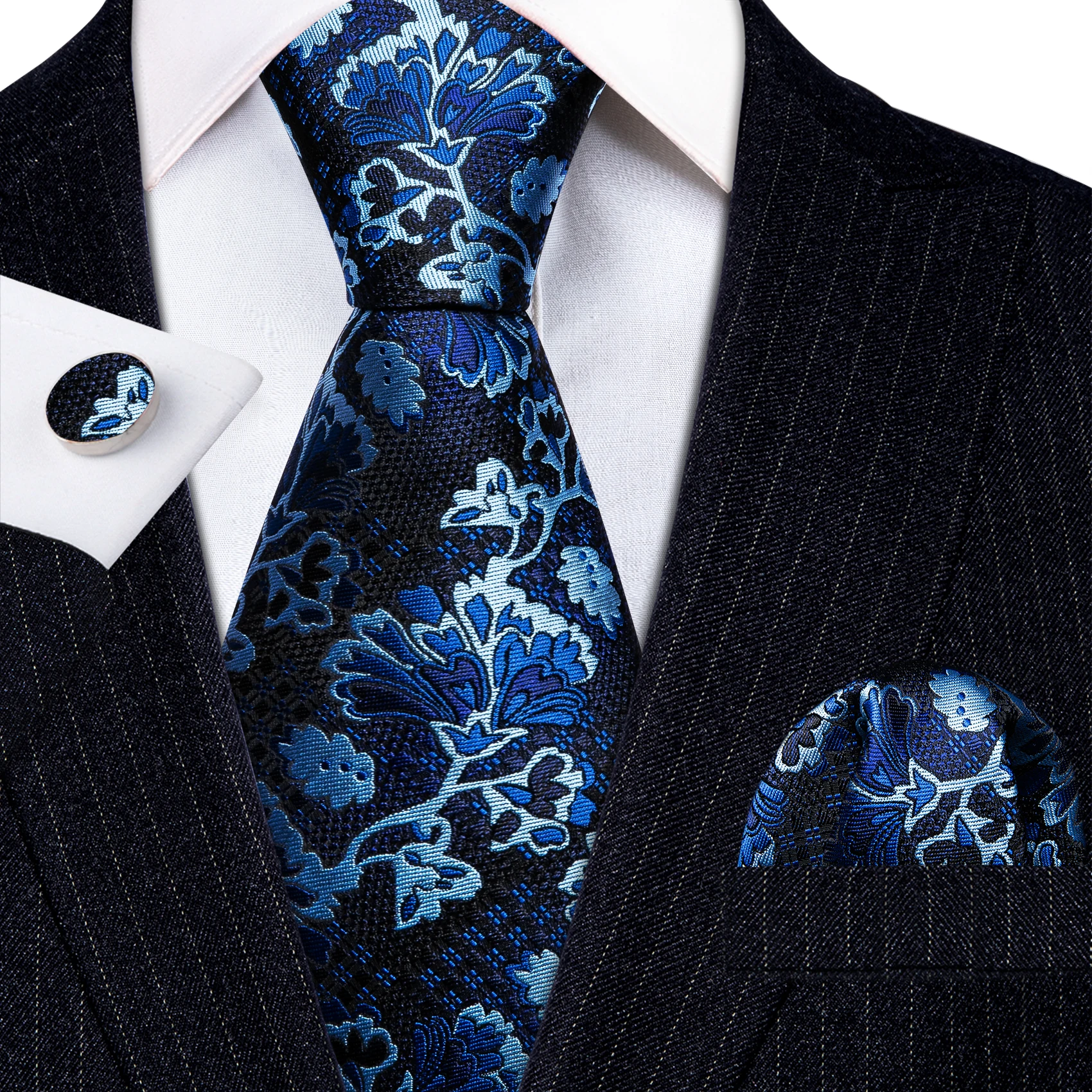

New Navy Blue Floral Silk Men Tie Wedding Gift Barry.Wang Designer 3PC NeckTie Handkerchief Cufflinks Set Business Groom LN-5808
