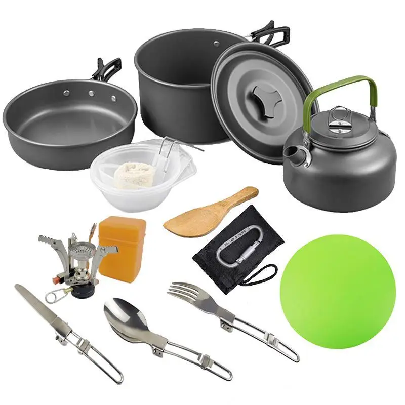 

Aluminum Outdoor Camping Cookware Set with Mesh Bag Folding Cookset Camping Kitchen Cooking Teapot and Pans Equipment