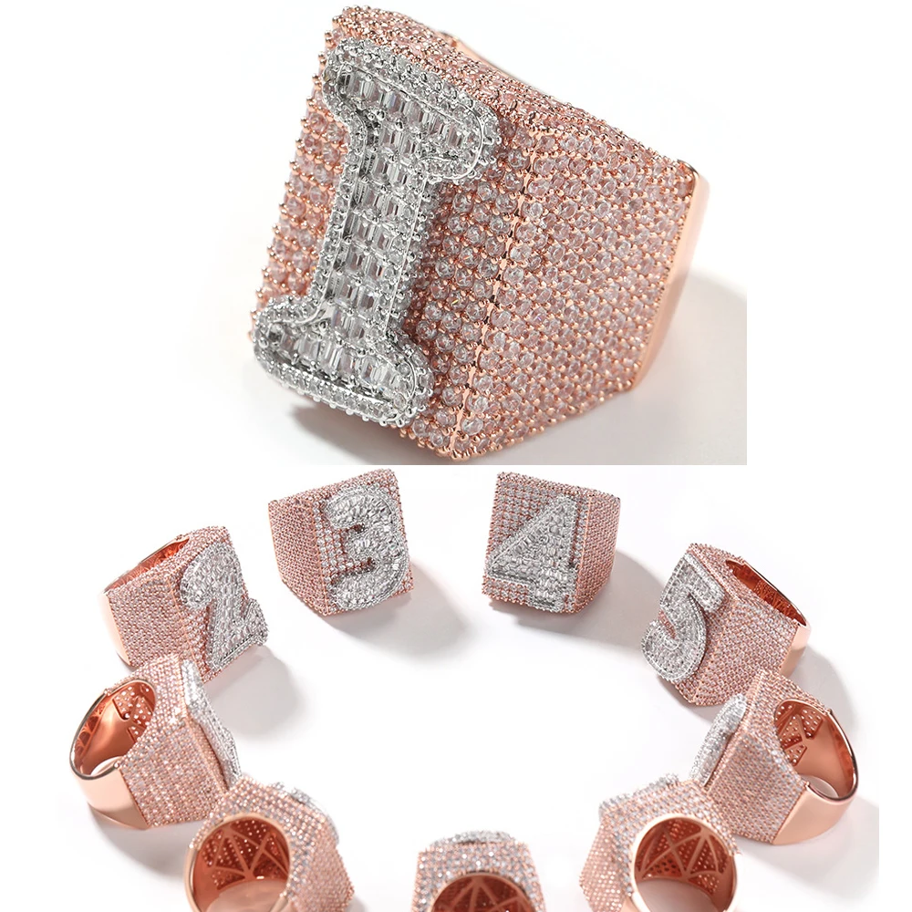 Мужское большое кольцо со льдом с индивидуальным номером прямоугольные