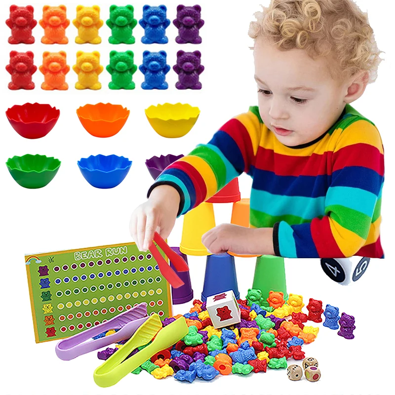 

Kid Montessori Rainbow Matching Game Animal Cognition Toys Counting Bear Rainbow Color Sort Fine Motor Training Educational Toys