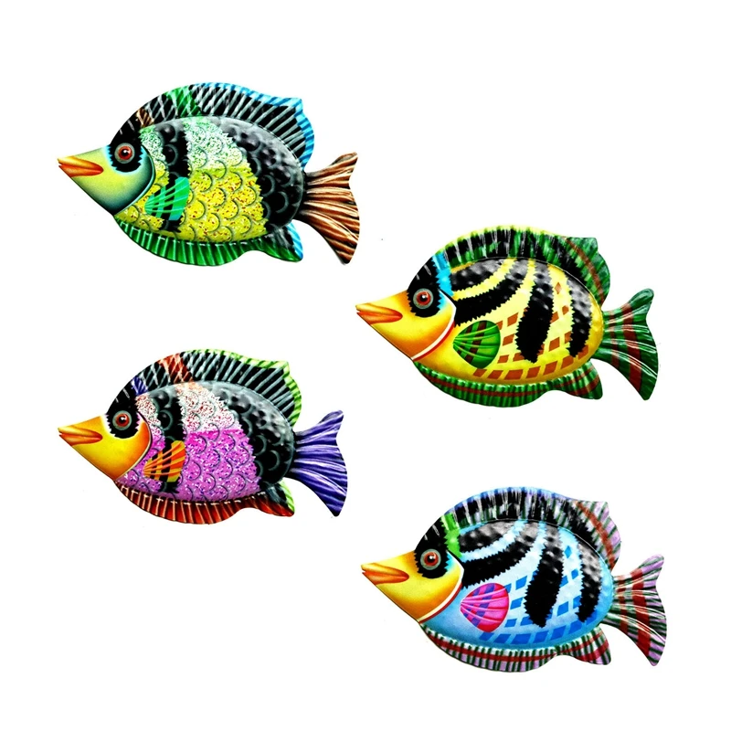 

Hot-4Pcs Metal Fish Wall Art For Home And Garden Decoration Outdoor Animales Jardin With Colour Iron Statues Sculptures