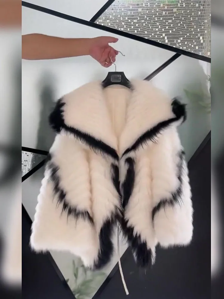 2022 New Beautiful Winter Clothes Woman Popular White Faux Fur Coats High-End Color Contrast Long Sleeve Furry Jacket for Women