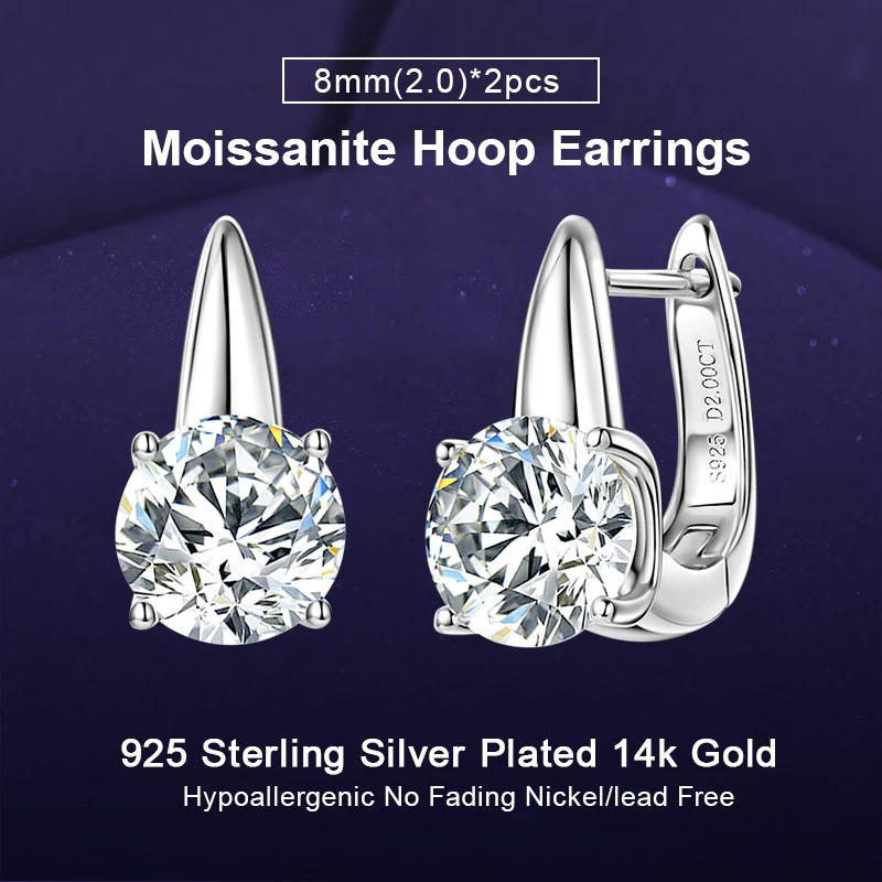 Фото Женские серьги-клипсы IOGOU Moissanite Solitaire U-образной формы, цвет D, серьги с бриллиантами 2,0 карата, сверкающие ювелирные изделия из стерлингового серебра 925 пробы