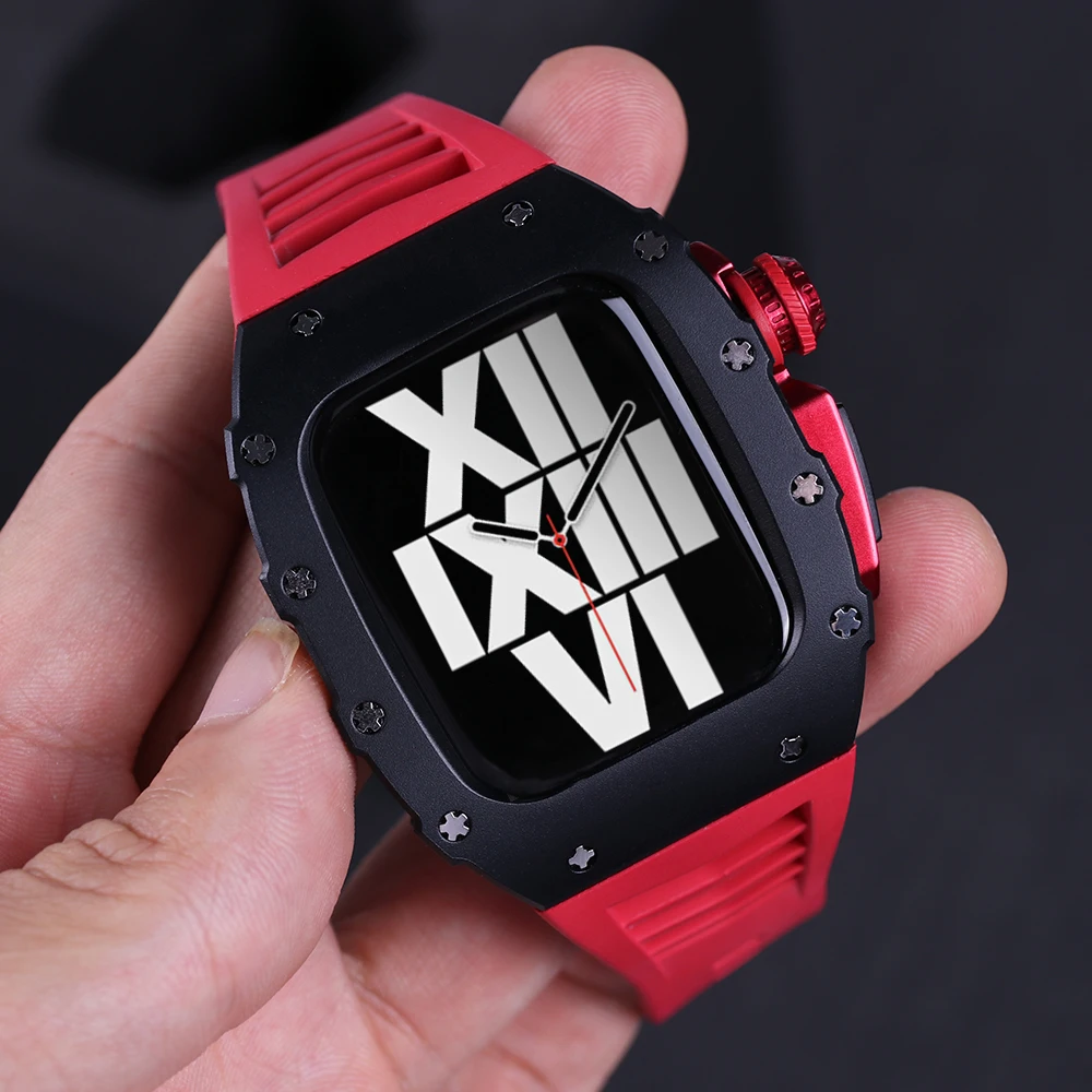 Luxury Metal Case Bracelet for Apple Watch 8 7 45mm Rubber Sports Band IWatch 6 5 4 SE 44MM Aluminum Alloy DIY Modification Kit