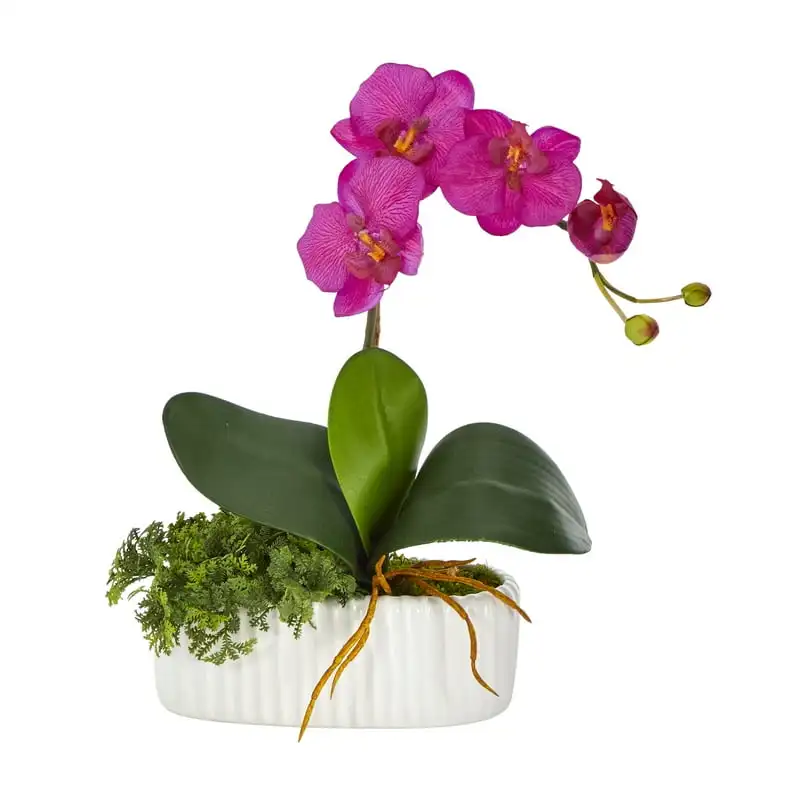 

Mini Orchid Phalaenopsis Artificial Arrangement in White Vase Flowers for weddding decoration Eucalyptus leaves White artificial