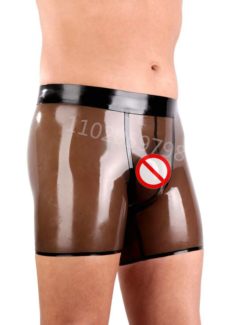 Latex Sexy Men Underwear Rubber Panties 3D Crotch Underpants Fetish Male Short Pants Transparent Black With Deco
