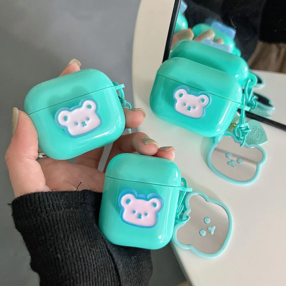 

Чехол с милым медведем для Airpods 2 1, мягкий чехол для наушников Apple Air pods Pro 3, Сумка с мультяшным зеркалом и жемчугом, сердце, брелок