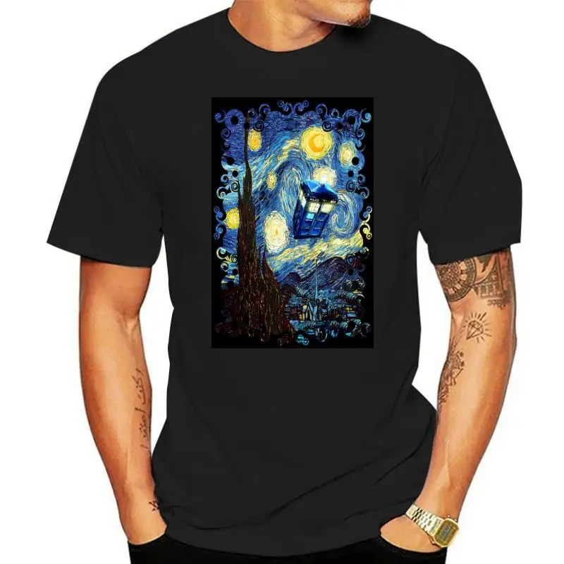 

Art Watercolor Design Print Tshirts Van Gogh Starry Night Tardis Men camisa Christmas Tshirt Best Gift Pure Cotton Fashion Tees