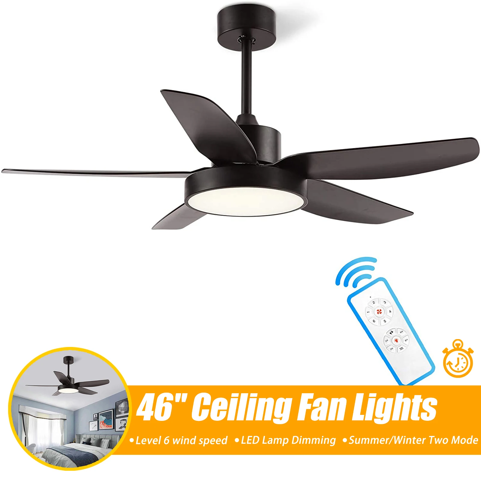 

46-дюймовый матовый черный потолочный вентилятор с пультом дистанционного управления ALUOCYI, потолочный вентилятор с 5 лезвиями для гостиной, ...