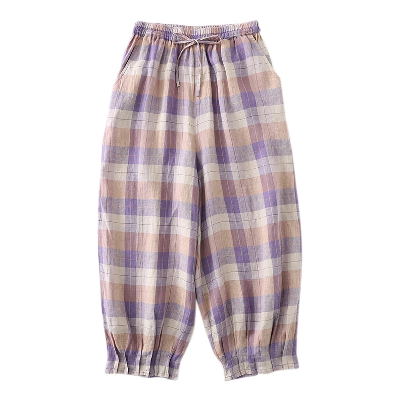 Женские хлопковые брюки до щиколотки повседневные свободные шаровары в клетку с