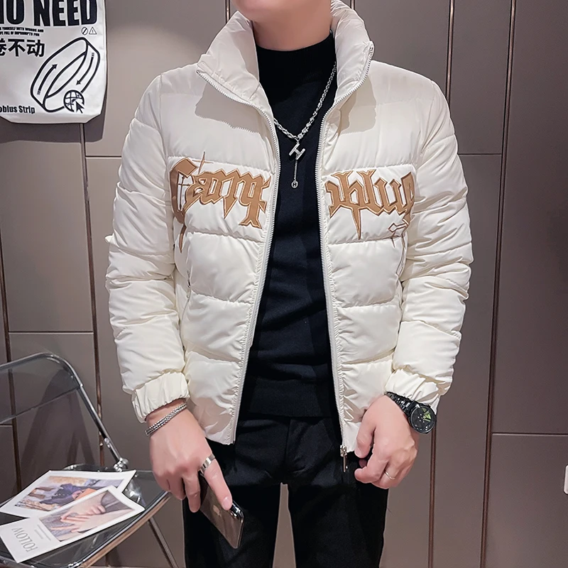 2022 Winter Thicken Keep Warm Men's Short Parka Tops Stand Collar Embroidery Jackets Slim Casual Zipper Men Clothing Streetwear