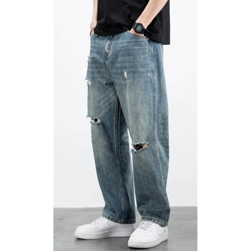 Men Clothing New Pattern Recreational Vintage Broad Leg Blue Ripped Jeans Straight Cylinder Large Loose Cargo Pants Autumn Women