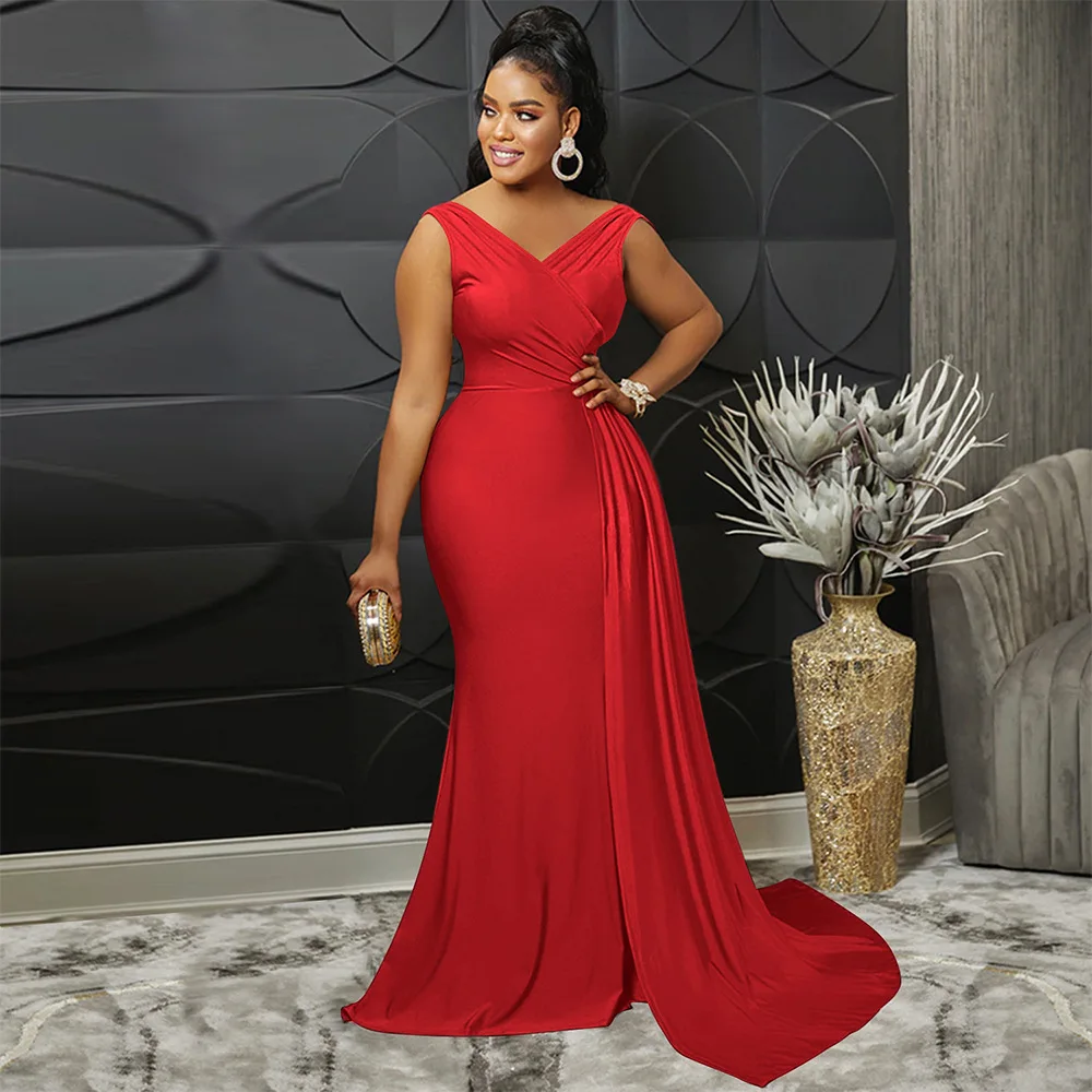 Luxury Women Satin V-neck Party Dress 2023 New in Sexy Sleeveless High Waist Slim Gown Ladies Long Mermaid Evening Prom Dress